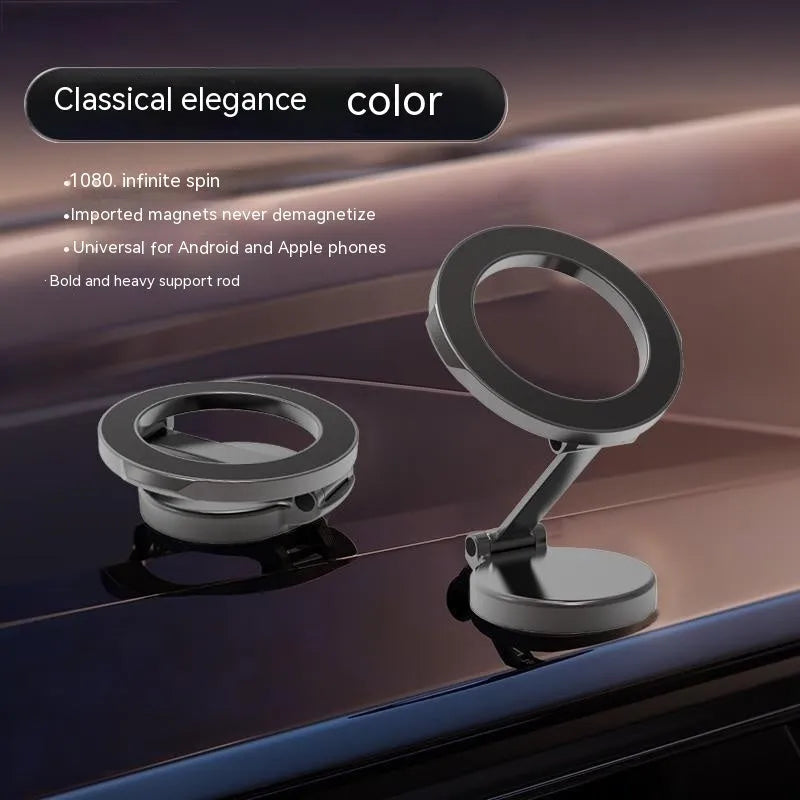 All-metal foldable magnetic car phone mount in Qian colour on a car dashboard.