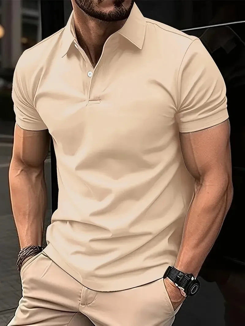 Men's slim fit short sleeve button shirt in a solid colour on a hanger.