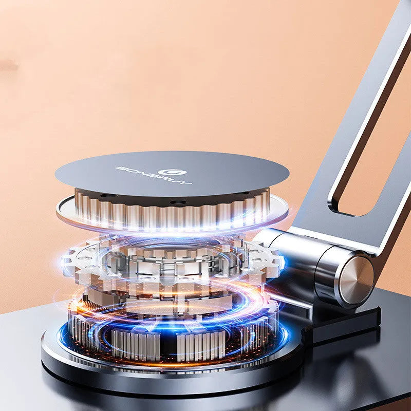 Rotary folding aluminium alloy desktop mobile phone stand in silver on a wooden table