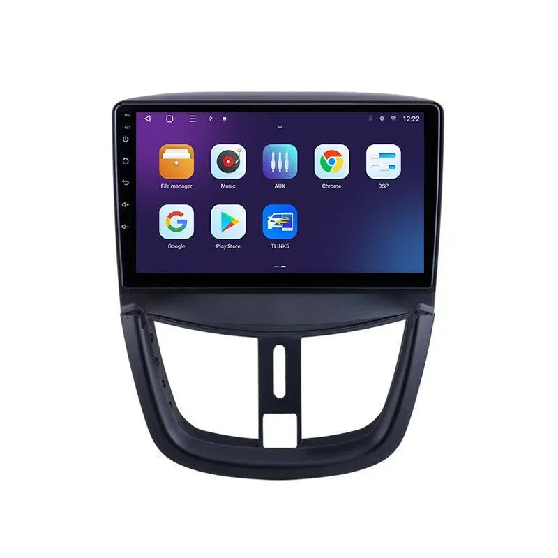 Black 9 inch Android car stereo with touchscreen display for Peugeot 207 featuring six configuration options