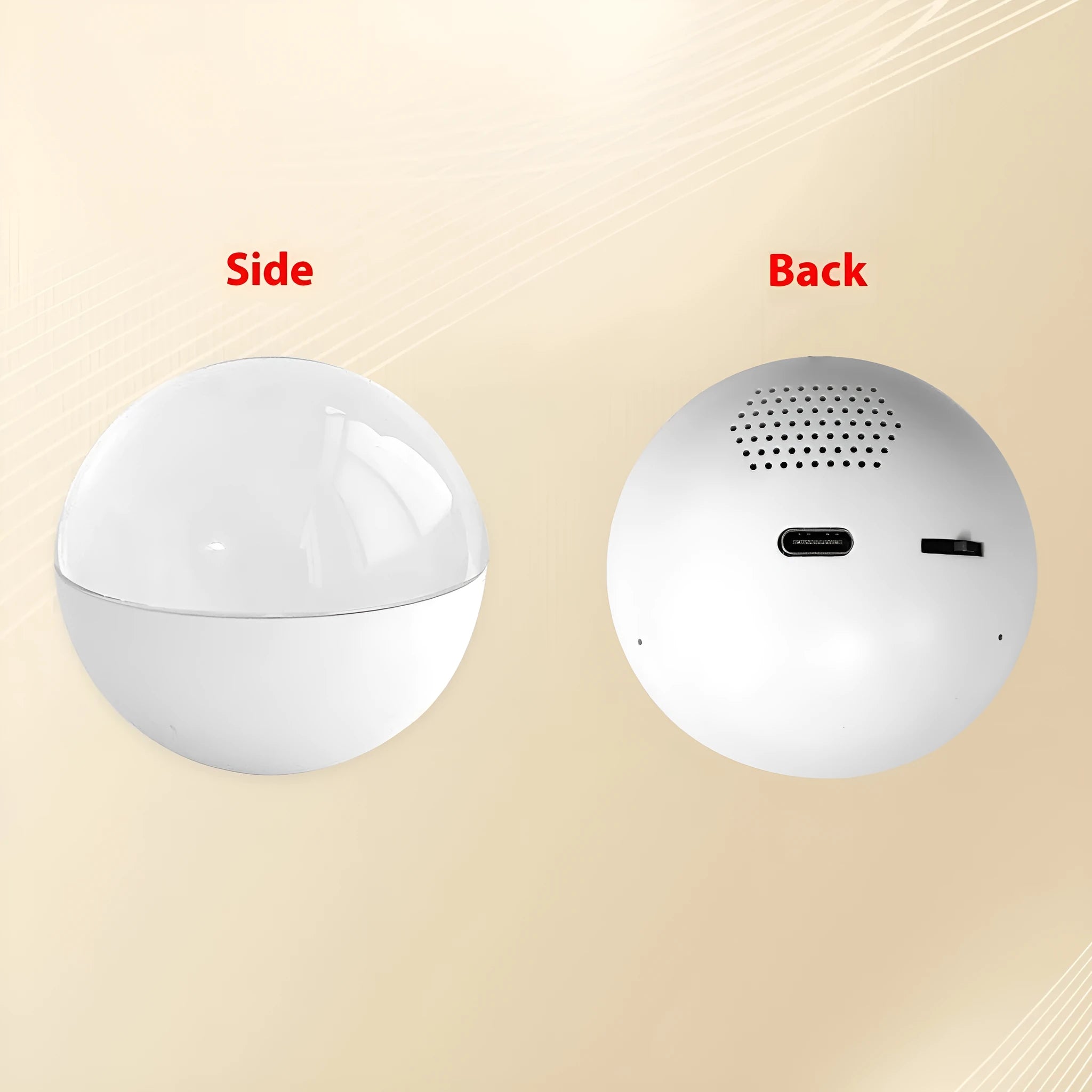 Electronic ball video player with round screen showing colour options of orange, blue, white, pink, and black