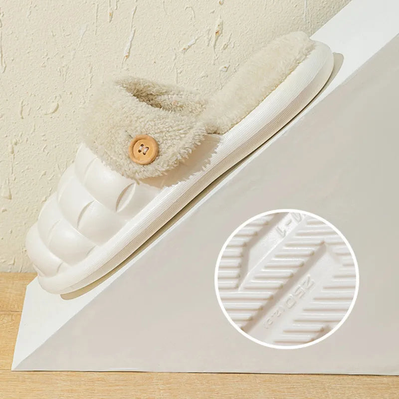 Plaid-patterned detachable EVA house slippers with plush lining, shown in pink, green, yellow, white, grey, or black.