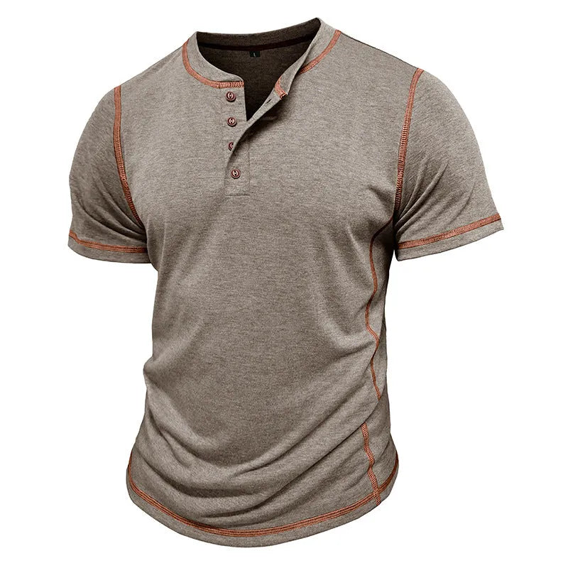 Men's short sleeve Henley shirt in solid colour cotton blend slim fit pullover