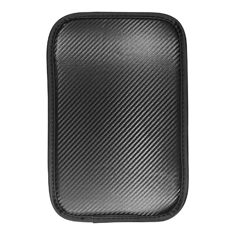 Leather carbon fibre pattern armrest mat for car centre console measuring 29 by 19 centimetres