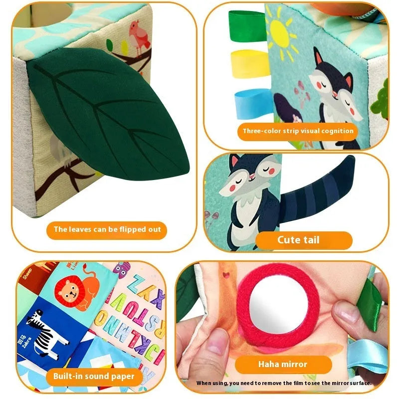 Square fabric tissue box toy with colourful silk scarves for infant pulling play