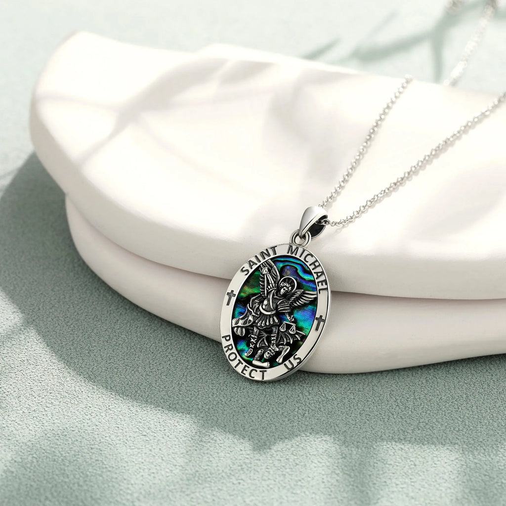 Sterling silver Saint Michael coin medal pendant with abalone stone on chain – 18x32mm