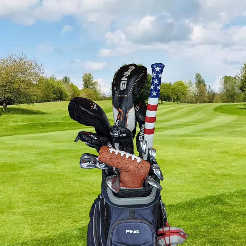 Black PU leather golf push rod case sleeve for protecting club heads.