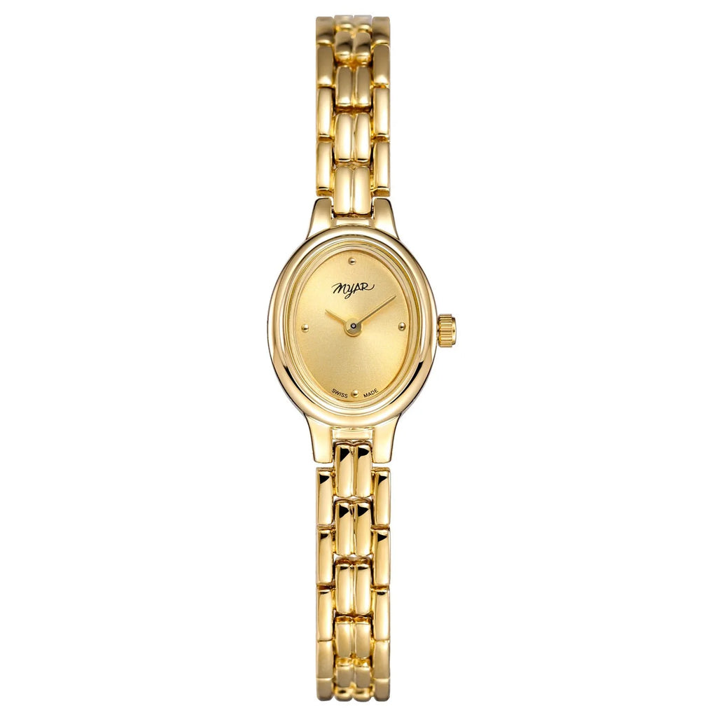 Oval mini women's vintage quartz watch with gold alloy case, white dial, and jewellery buckle