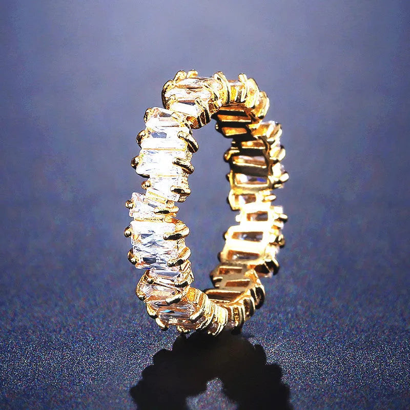 Women's geometric copper ring with micro inlaid AAA zircon in white gold plating, side view