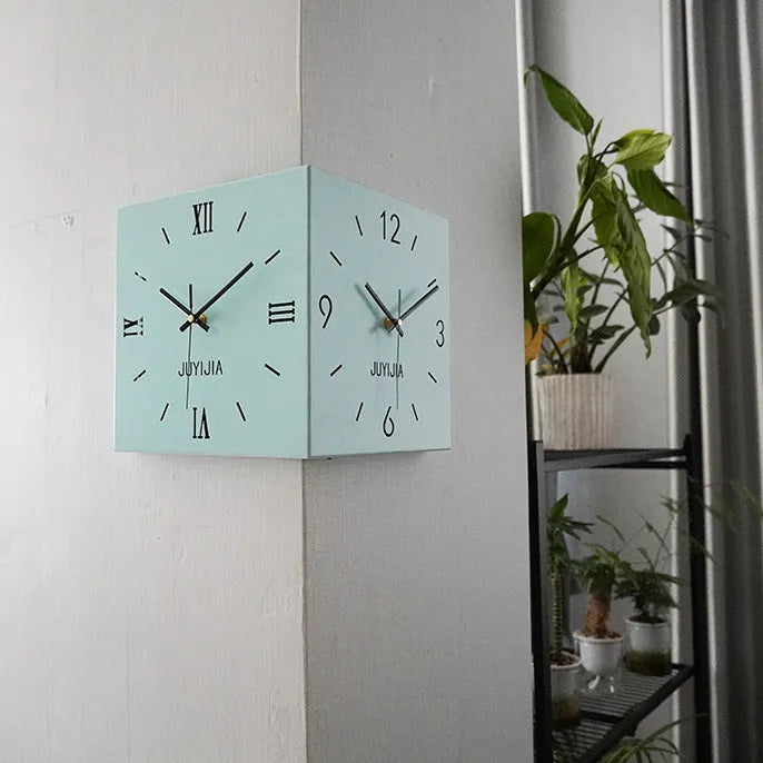 Double-sided corner wall clock with metal shell in modern simplicity style, 26x26cm, Rome with lights option