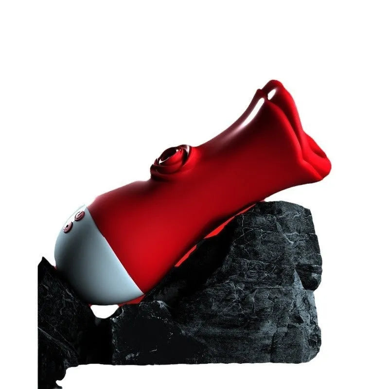 Adult male silicone penis exercise trainer in red lips colour with tongue licking vibration suction function USB rechargeable