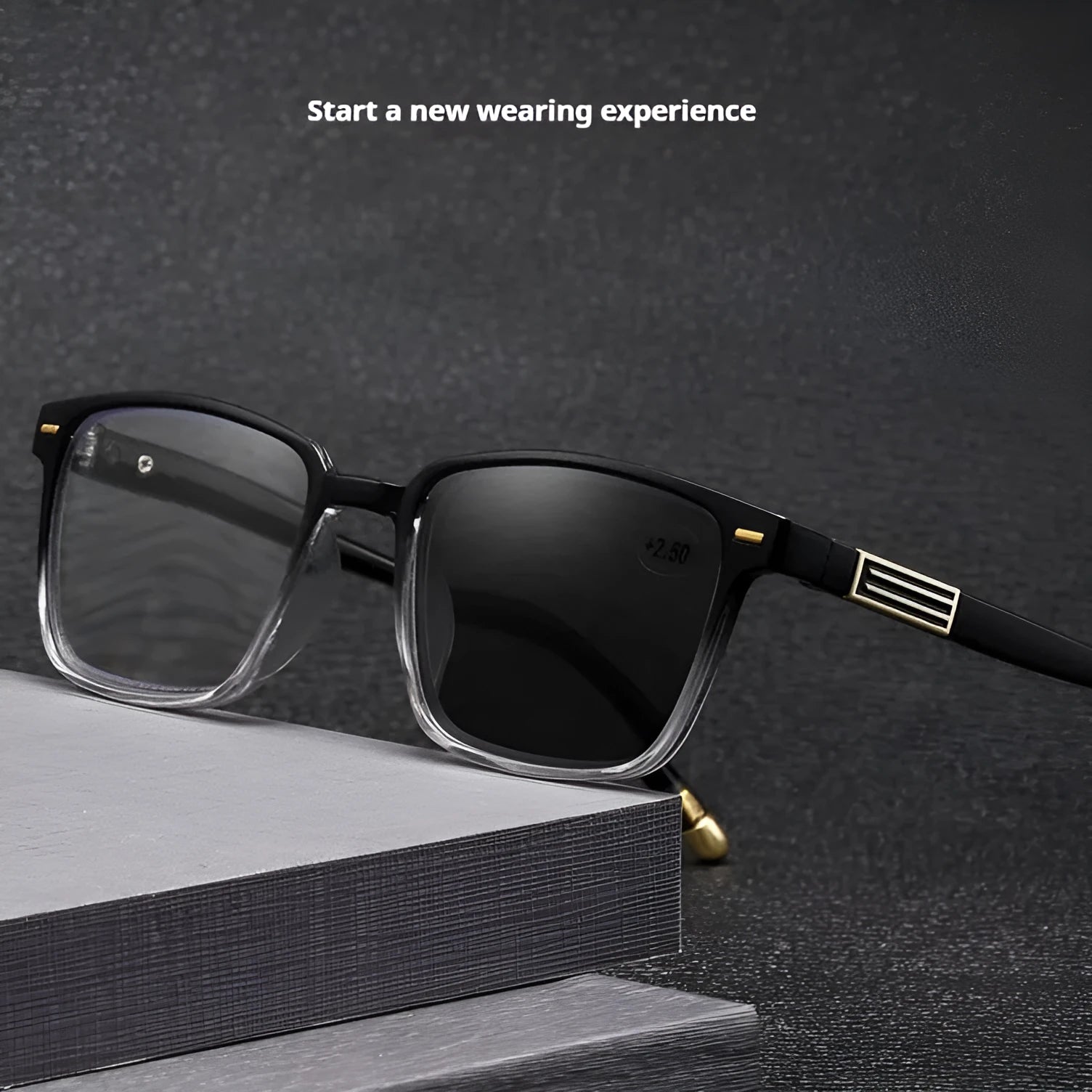 A pair of black multifocal reading glasses with metallic arms and colour-changing, anti-blue light lenses.