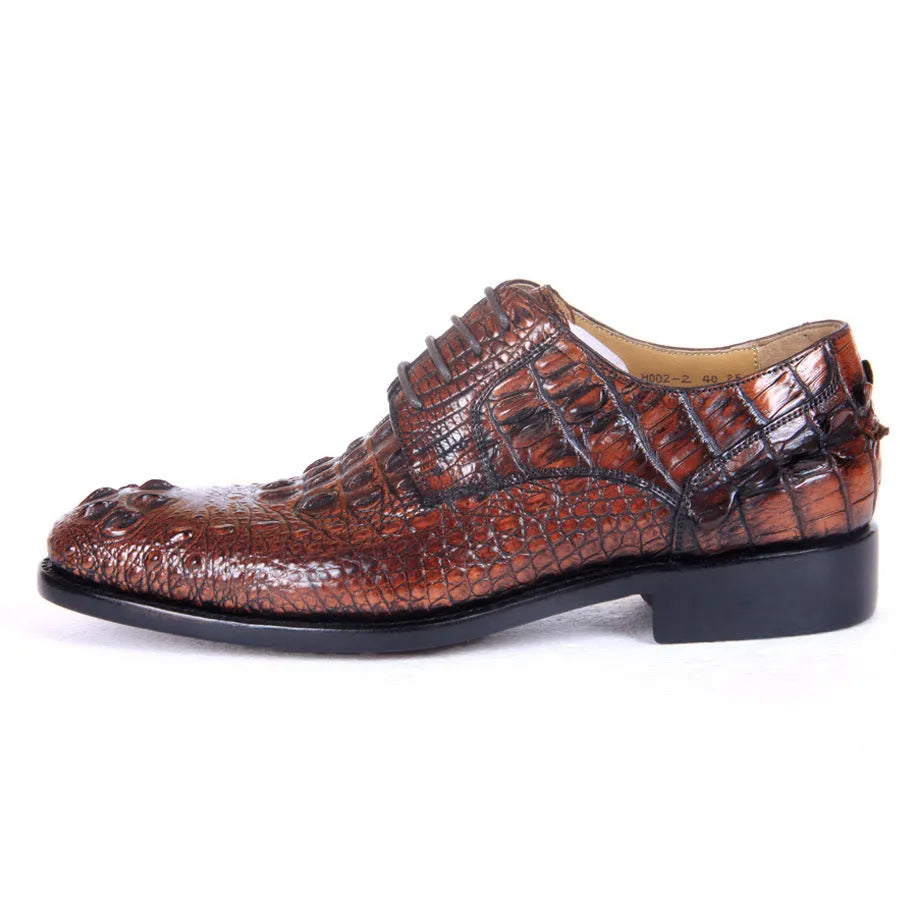 Men's brown crocodile skin leather business dress shoes with leather sole, side view
