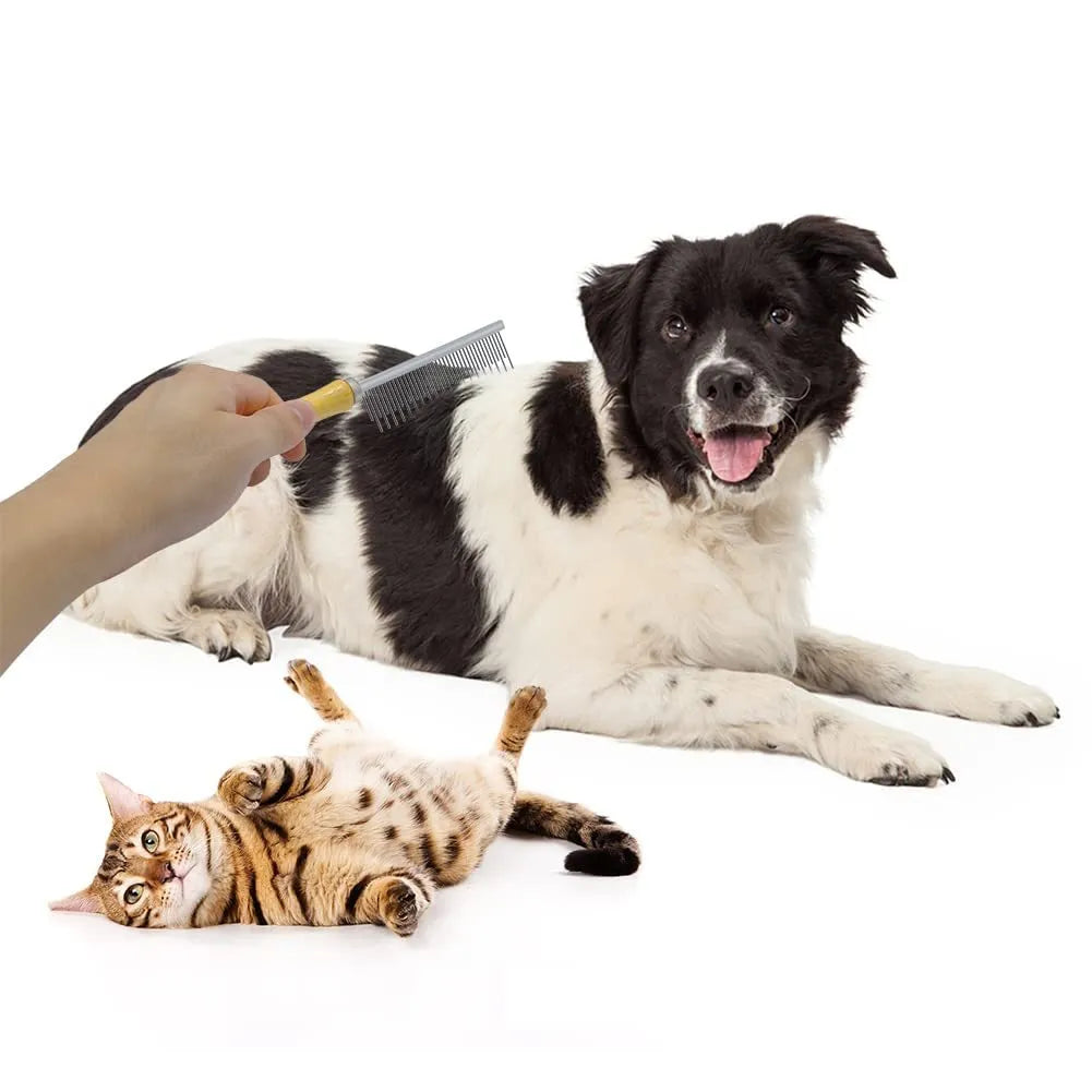 Wooden handle pet grooming comb for dogs and cats on a white background.