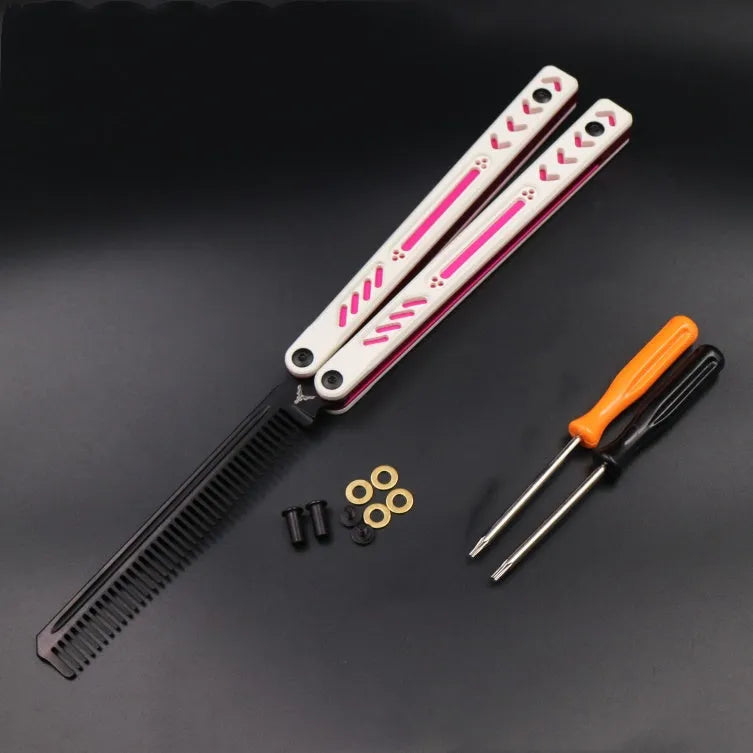 Unbladed aluminium handle butterfly knife trainer with G10 grip patches, shown in expanded 25.5cm position.
