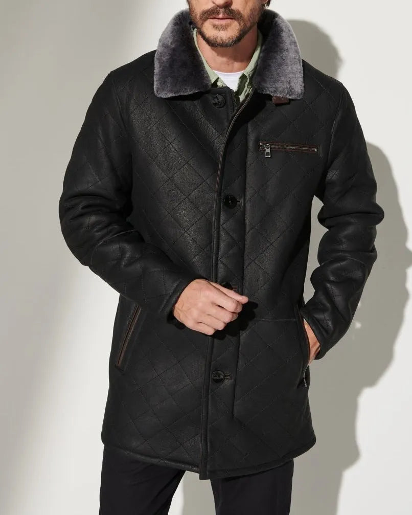 Quilted fur coat long button front women brown black blue polyester lining British style