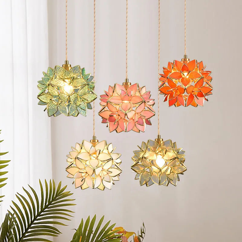 Copper and stained glass hanging line chandelier with adjustable cable for ceiling installation