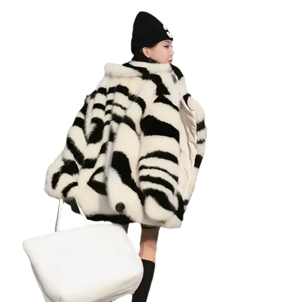Women's zebra stripe skimmer collar long sleeve top in fur-like polyester, medium length, street fashion style