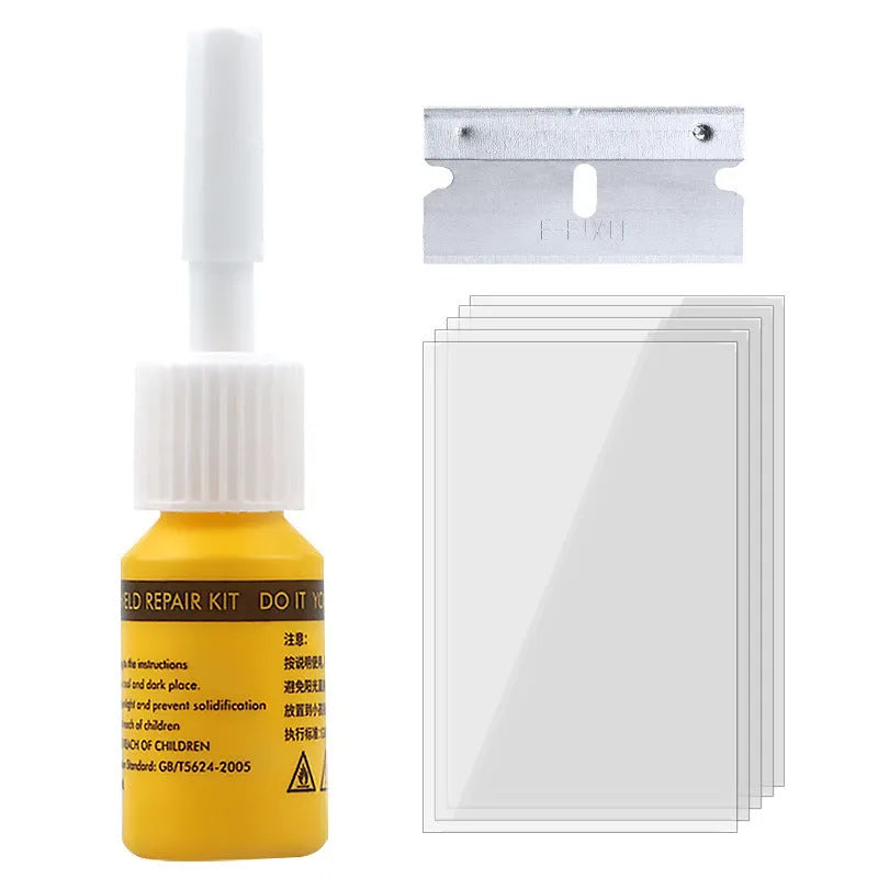 Yellow car windscreen repair kit with UV resin bottle, injection tool, and curing lamp for DIY glass crack repair