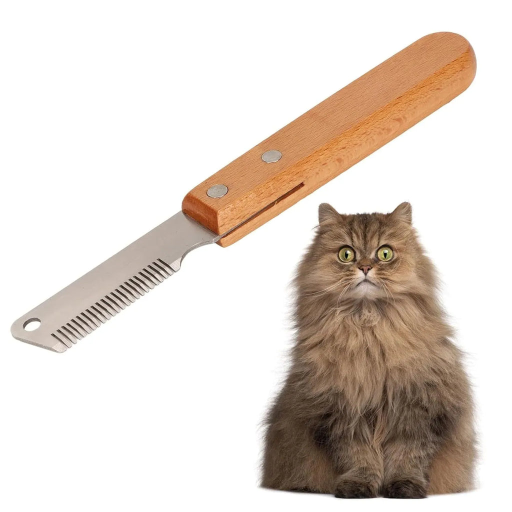 Pet stripping comb with wooden handle and metal teeth for dog cat grooming