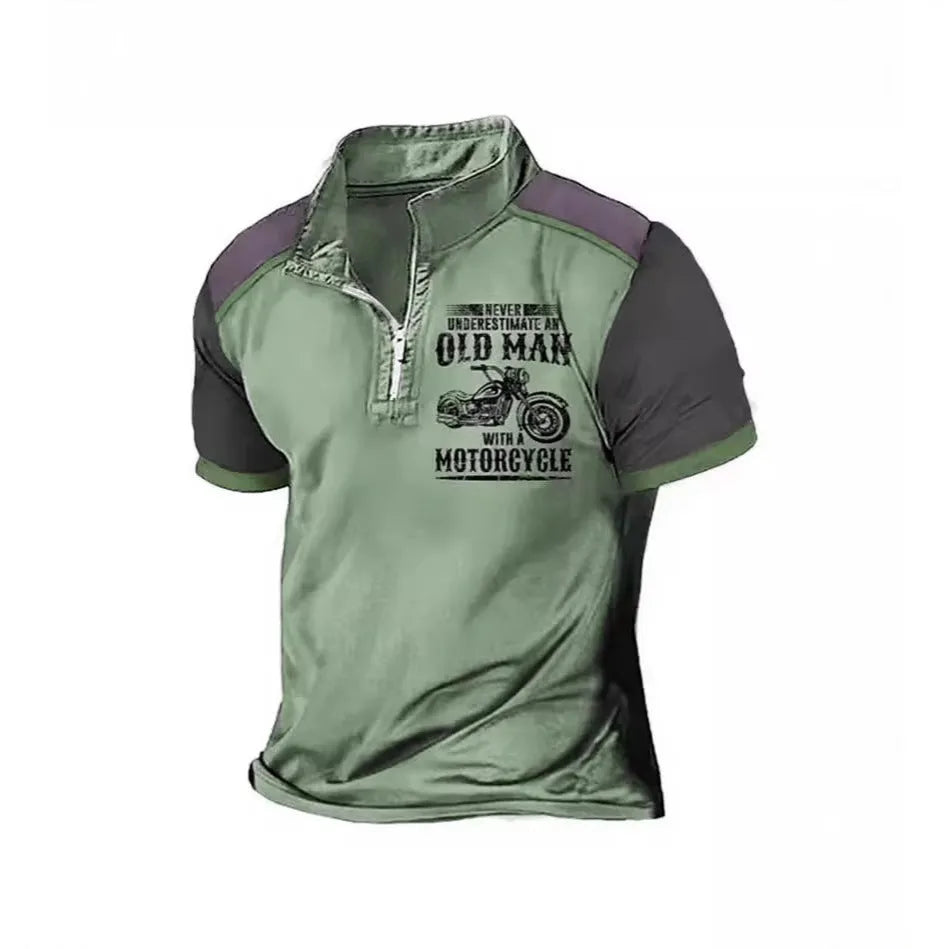 Men's casual polo shirt with lapel collar and black letter digital printing on chest.