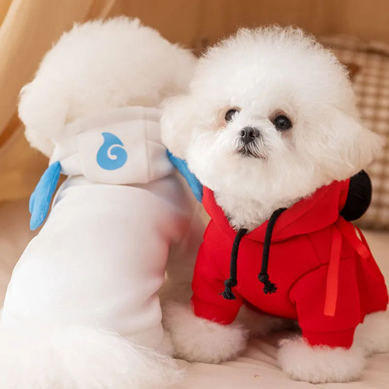 Pet hoodie costume for cats and dogs, Nezha style red or Obing style white, with themed decorations, warm soft fabric