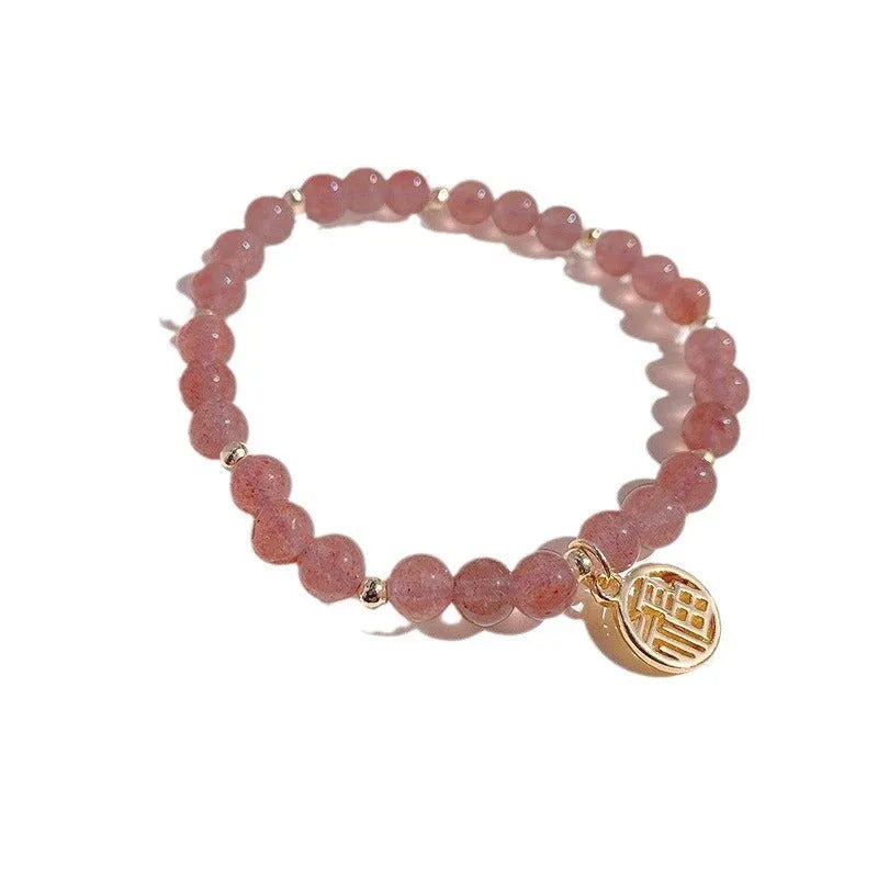 Strawberry quartz blessing card bracelet made from glass with manual processing