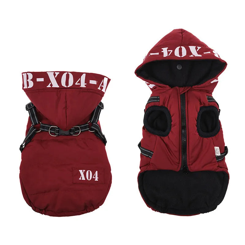 Red winter dog jacket with hood and fleece lining shown on small dog