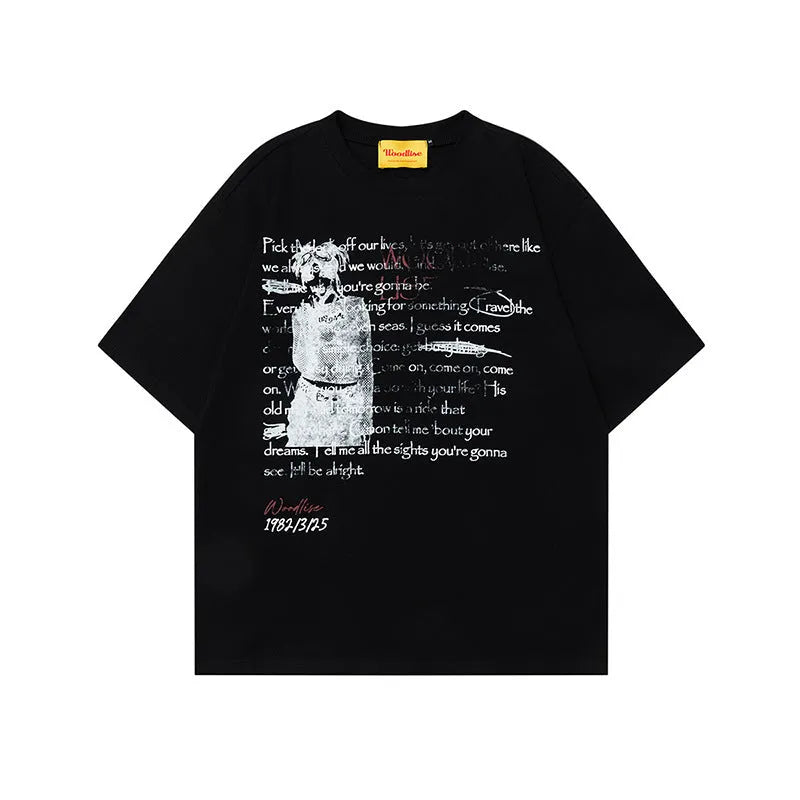 Men's black loose cotton t-shirt with white printed letters and raglan sleeves