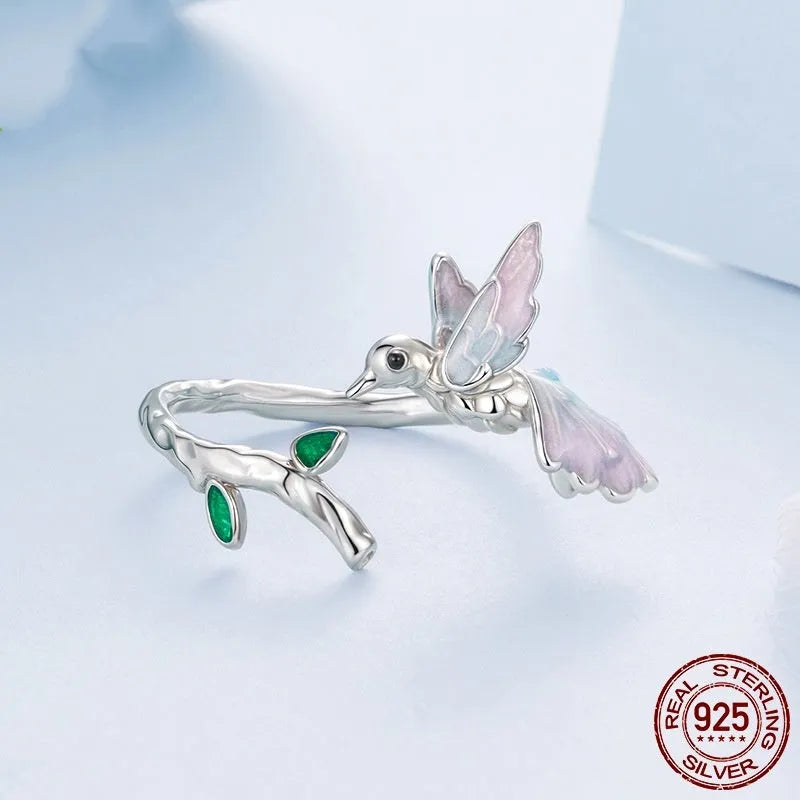 S925 sterling silver kingfisher open ring with adjustable opening and dripping oil finish in colour BSR715-E