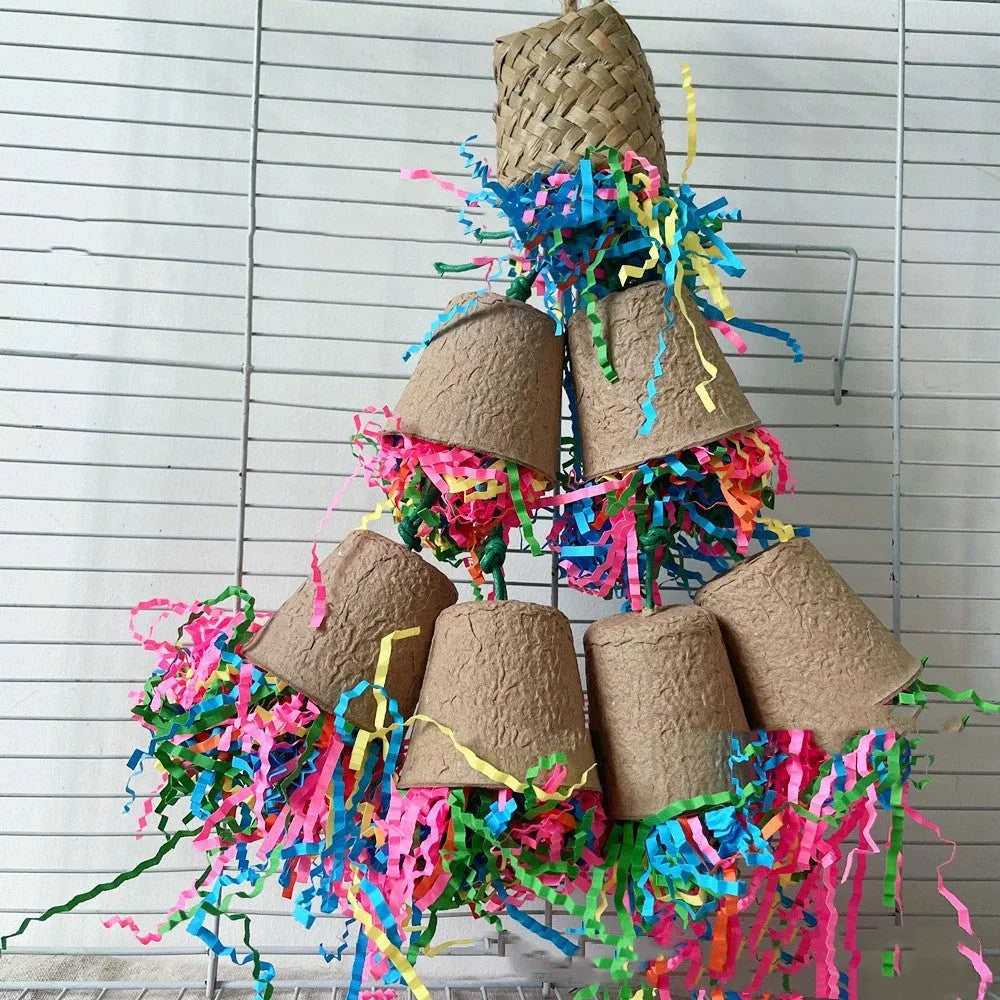 Palm leaf woven parrot gnawing toy with paper cup shape hanging from cage