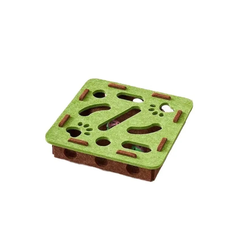 Green brown felt cat toy box with holes and detachable felt mice for hide-and-seek play.