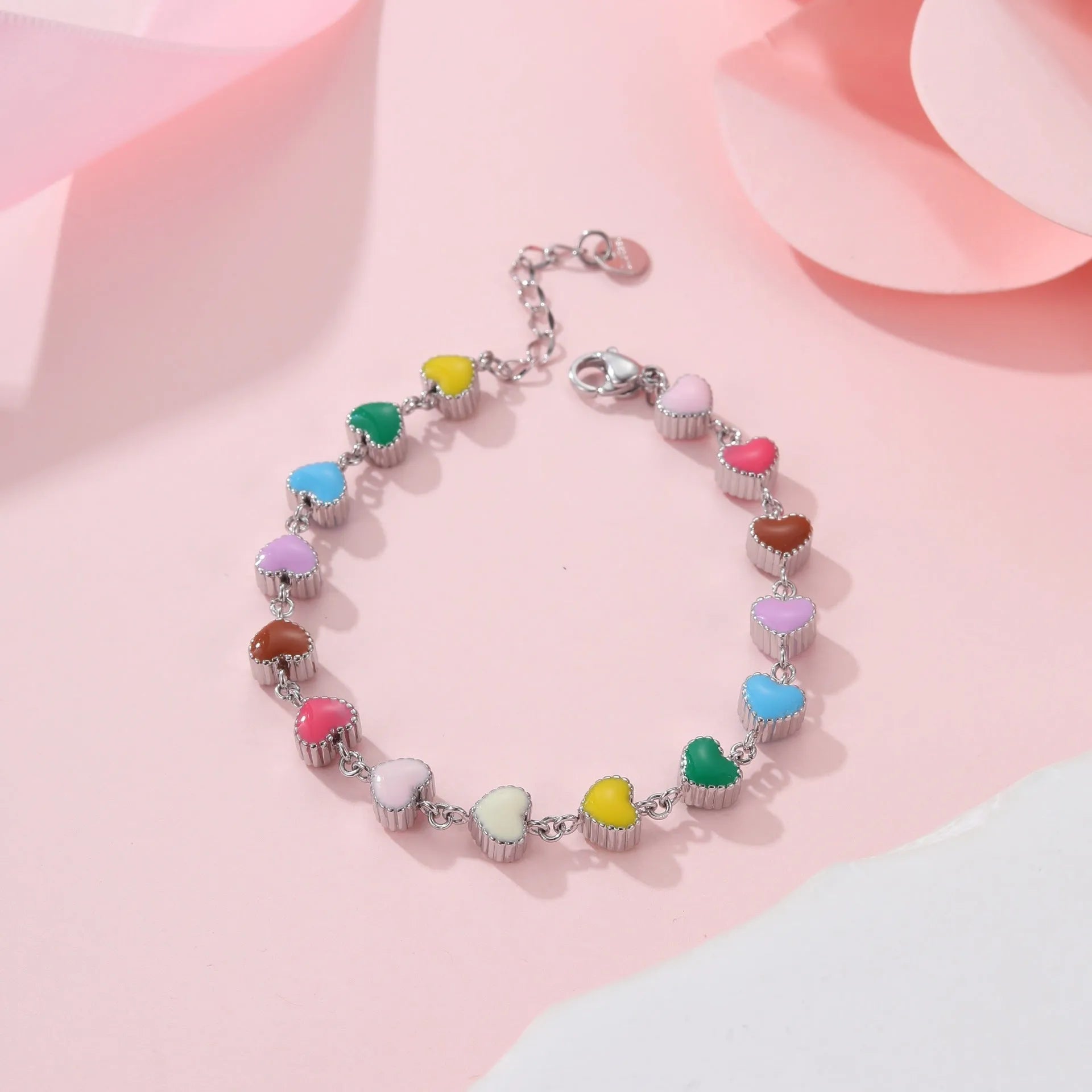 Gold or steel women's bracelet with colourful oil necklace and love heart pendant