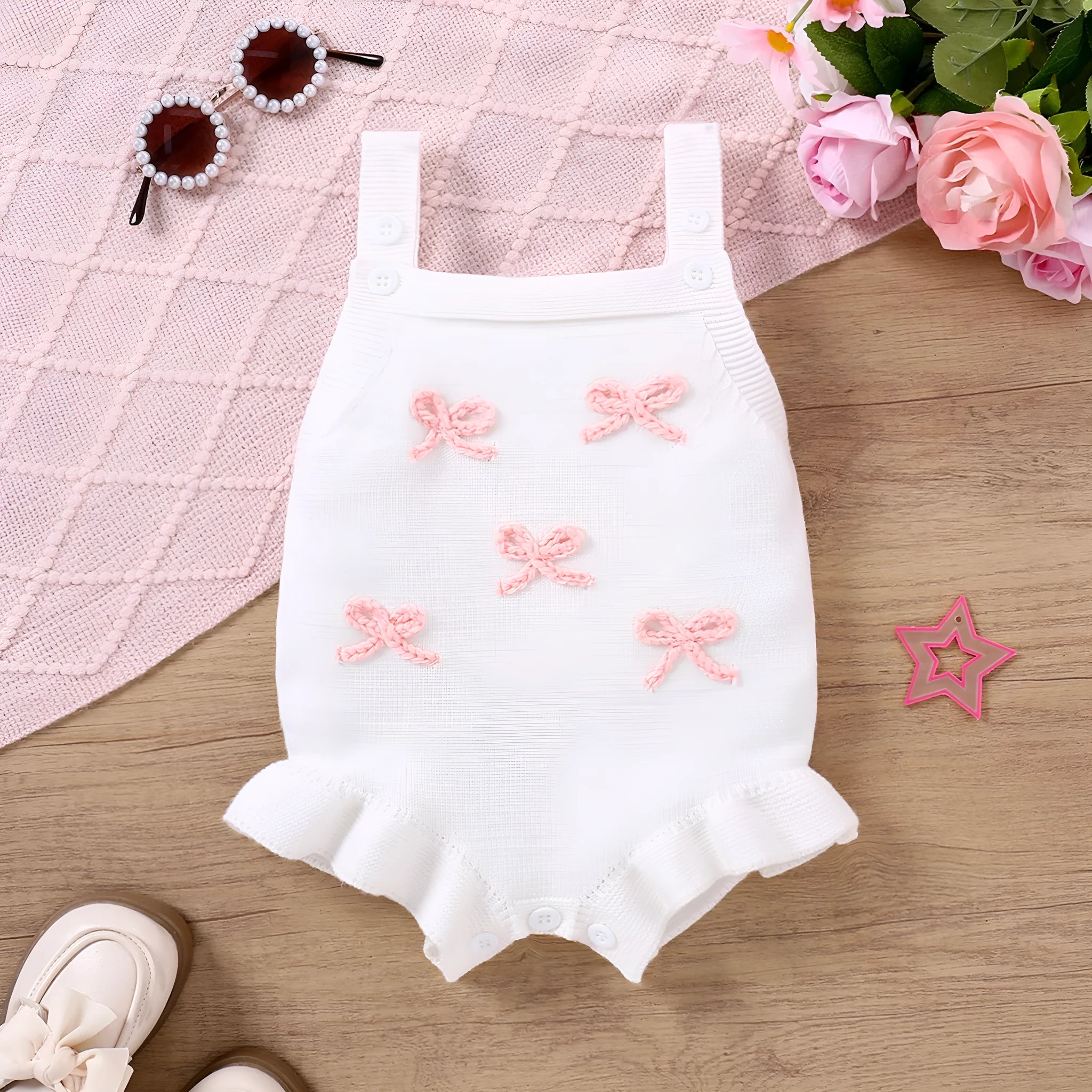Baby girl sling romper in white with bow embroidery on wool blend fabric.