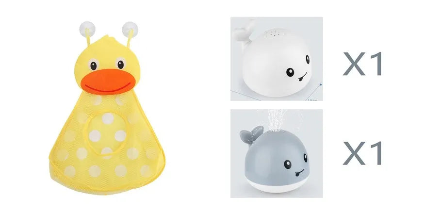 Electric whale-shaped bath spray toy with water-activated automatic spray, LED lights, and floating capability