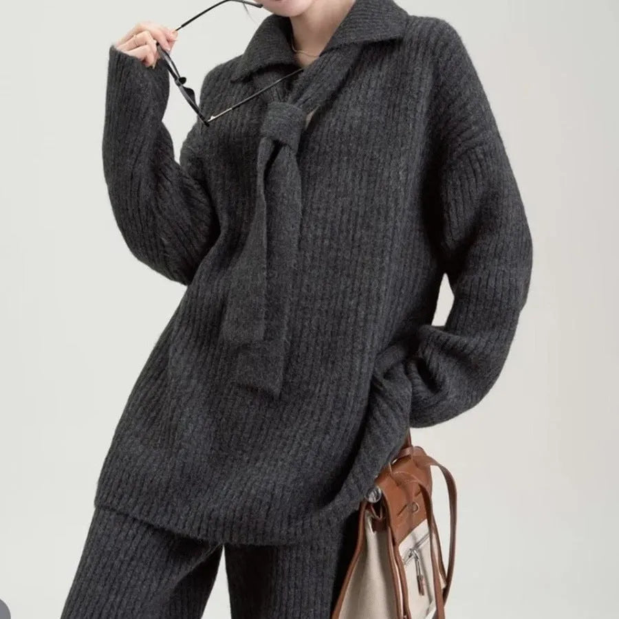 Sweater suit two-piece set with knit top and casual trousers in acrylic fibre imitation cashmere fabric