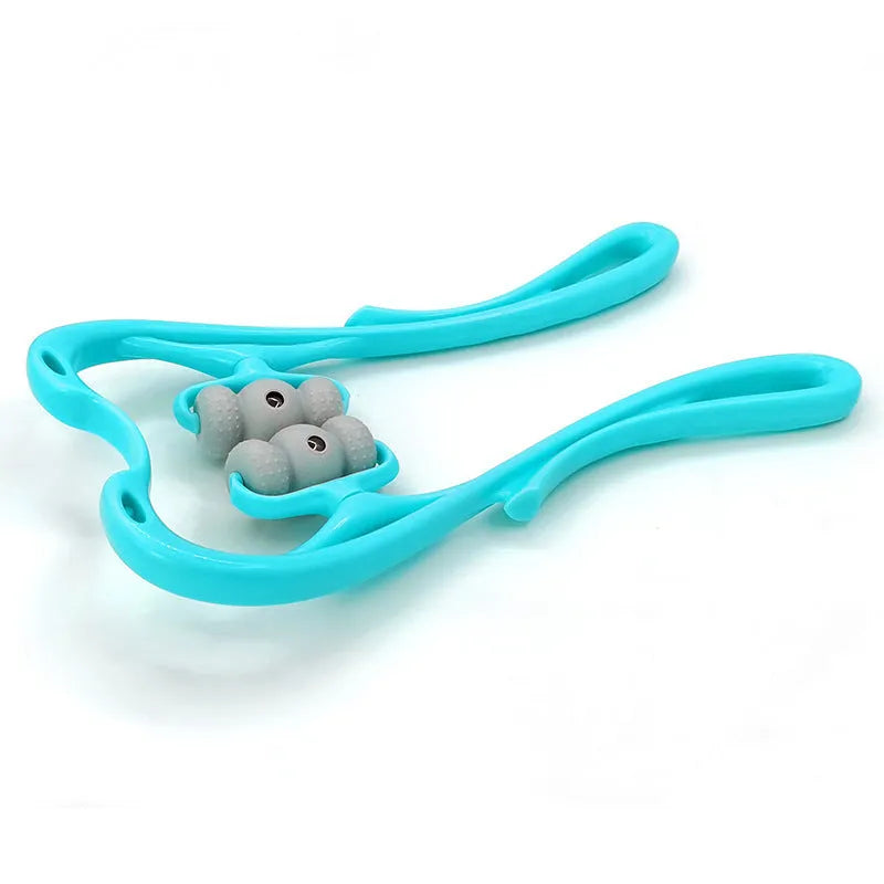 Blue handheld neck massager roller with 96 pressure points showing ergonomic curved design.