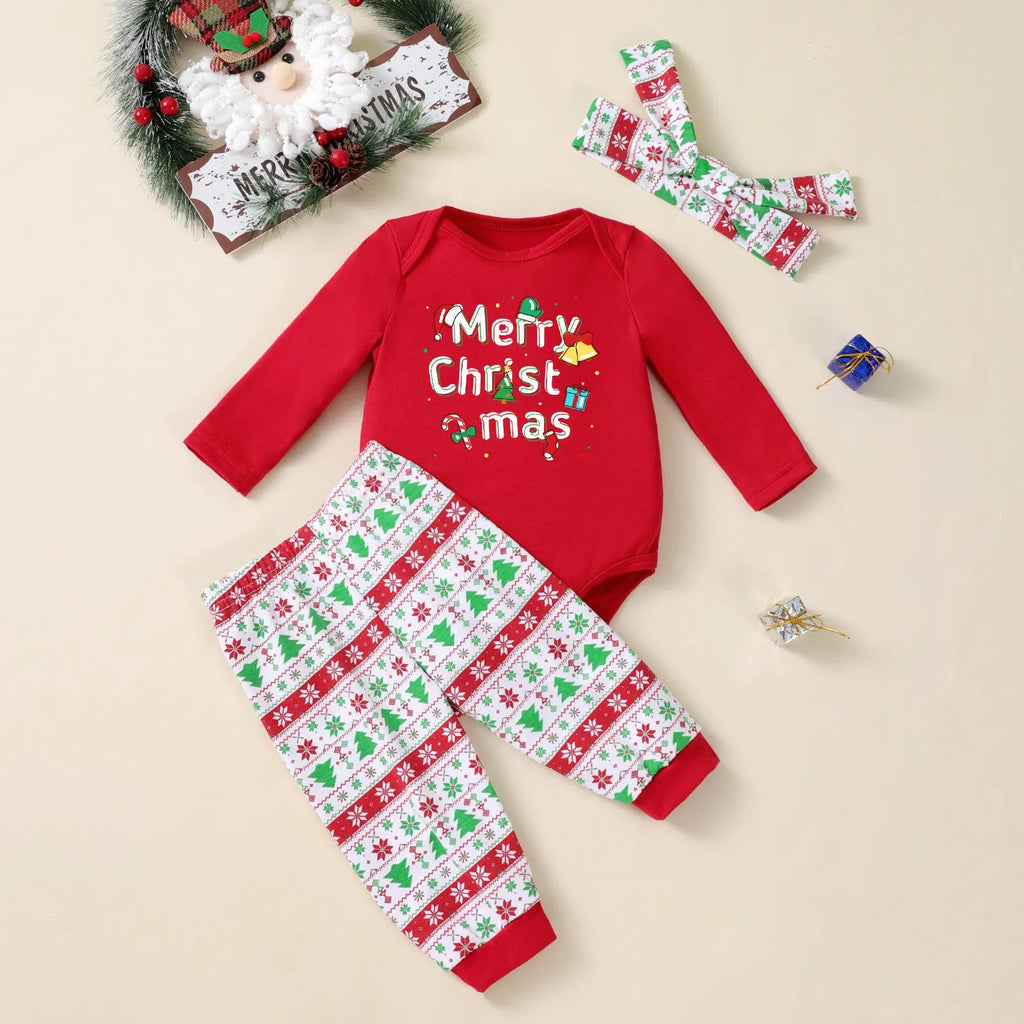 Christmas tree print three-piece baby outfit with bodysuit pants and hat on white background