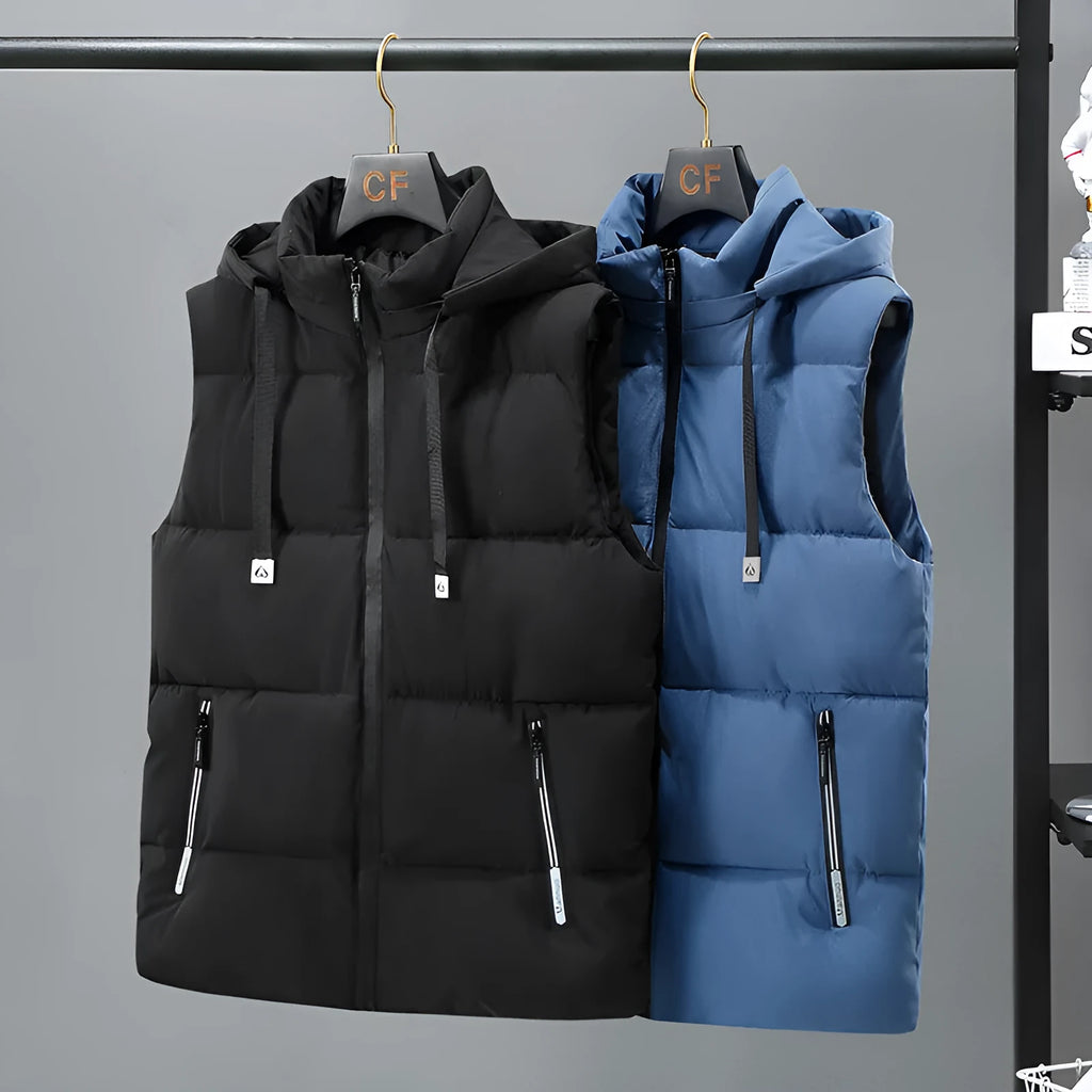 Men's black thickened polyester vest with a removable hood on a hanger.
