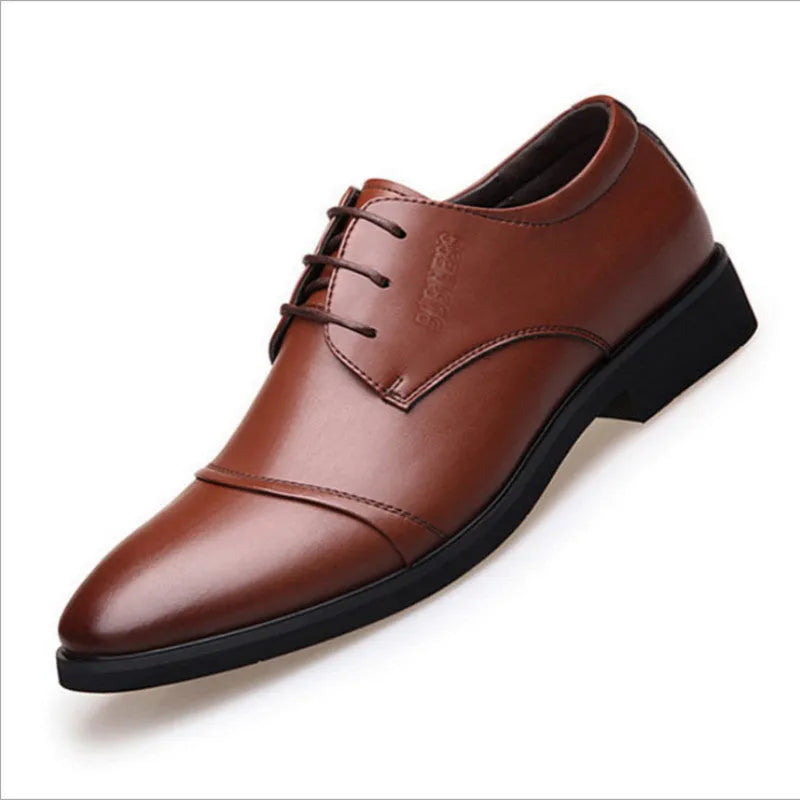 Men's black formal leather lace-up shoes with stitching detail and rubber sole