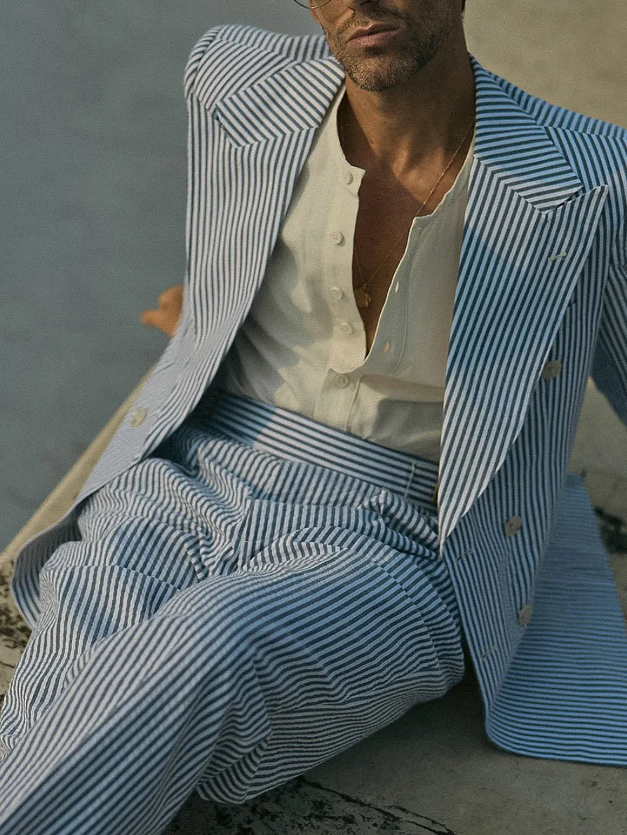 Men's blue and white striped polyester suit set with regular-fit blazer and trousers