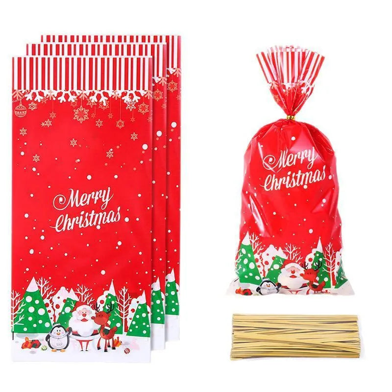 50 clear OPP Christmas gift tying bags 13x27cm flat, with red and green designs