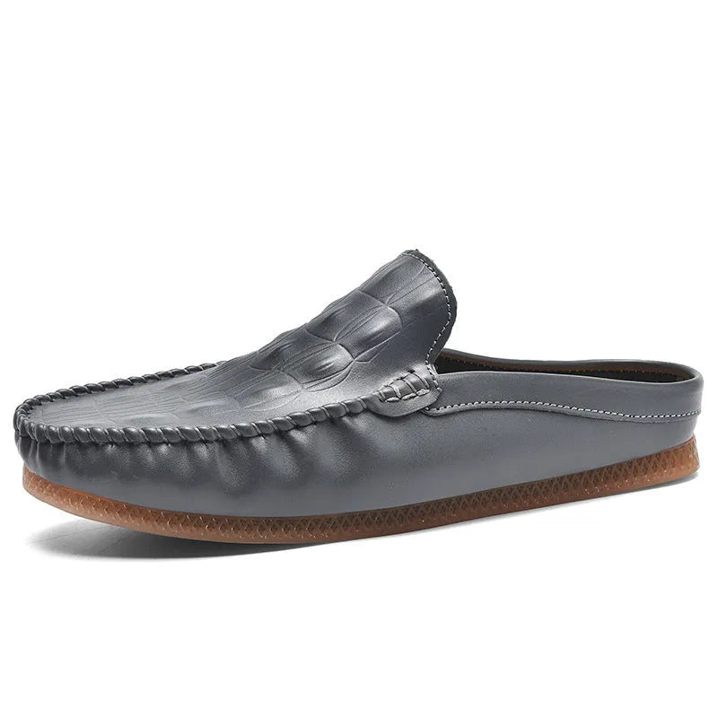 Men's black summer semi-slippers with a breathable gommino rubber sole and artificial PU upper.