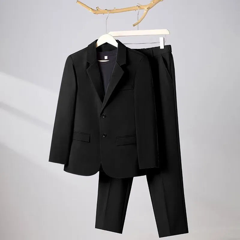 Korean slim business suit set with long-sleeve coat and trousers in black, slim fit polyester