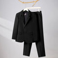 Korean slim business suit set with long-sleeve coat and trousers in black, slim fit polyester
