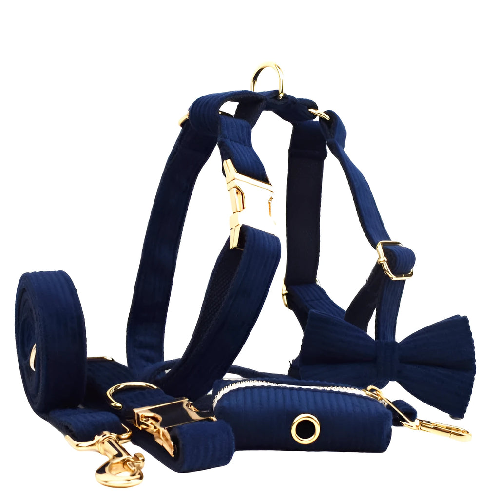 Navy blue corduroy dog collar and leash five-piece set with bow, vest, and poop bag on a wooden floor