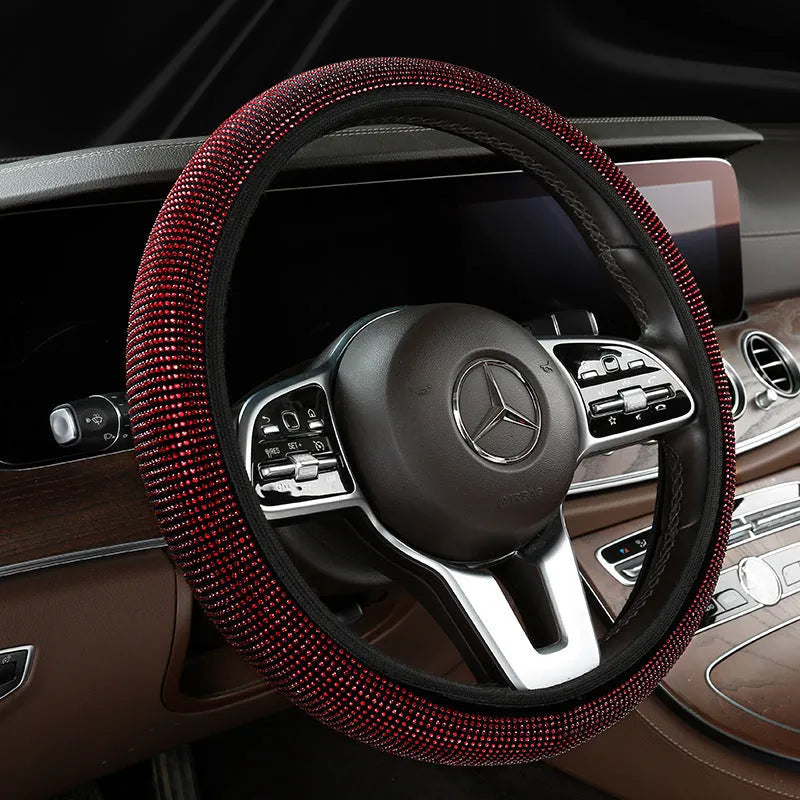 Diamond-studded velvet steering wheel cover for 38cm wheels in a full diamond, no-inner-ring style.