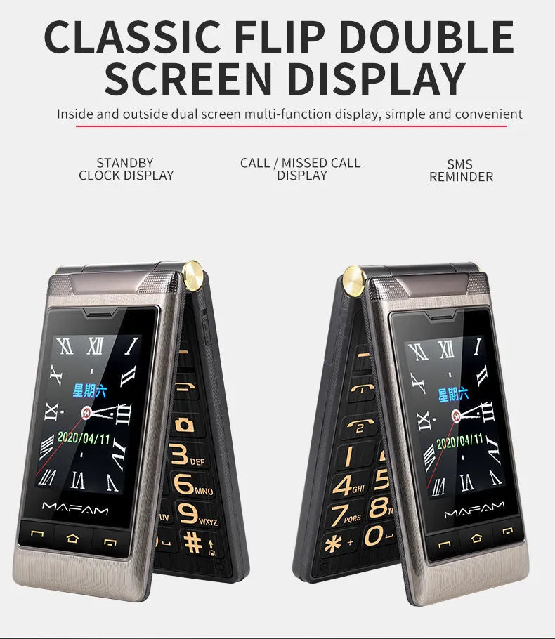 Gold gun colour metal flip cover phone with 2.8-inch internal and 2.4-inch external displays, 5900mAh battery