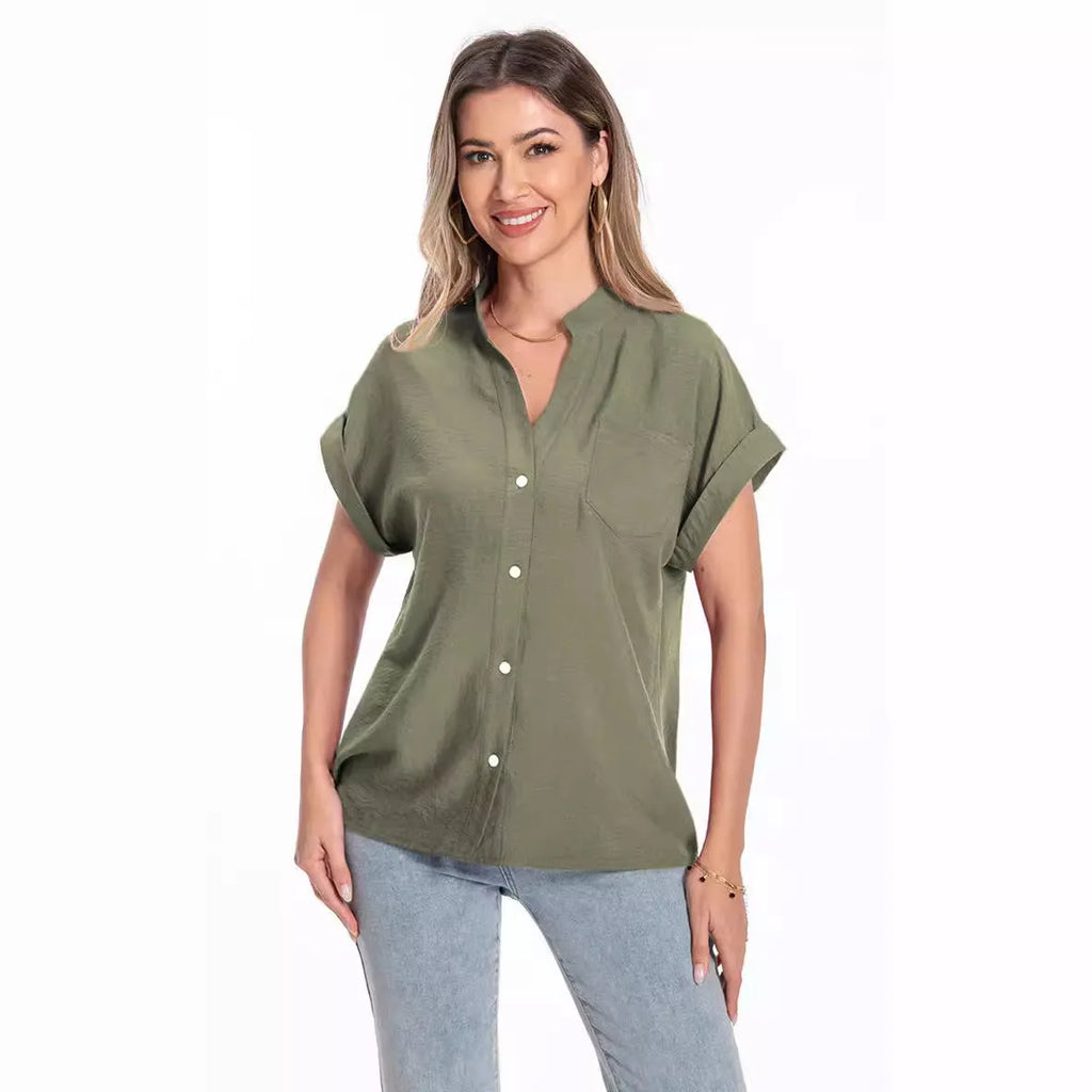 Women's loose-fit polyester summer top with stand collar and short raglan sleeves in Army Green.