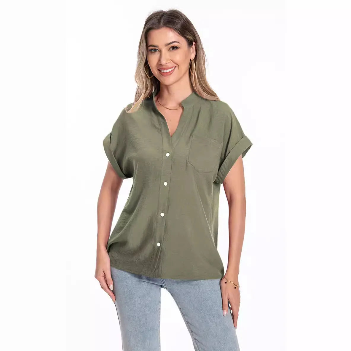 Women's loose-fit polyester summer top with stand collar and short raglan sleeves in Army Green.